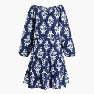 J. Crew Navy and White Floral Long-Sleeve Tiered Dress